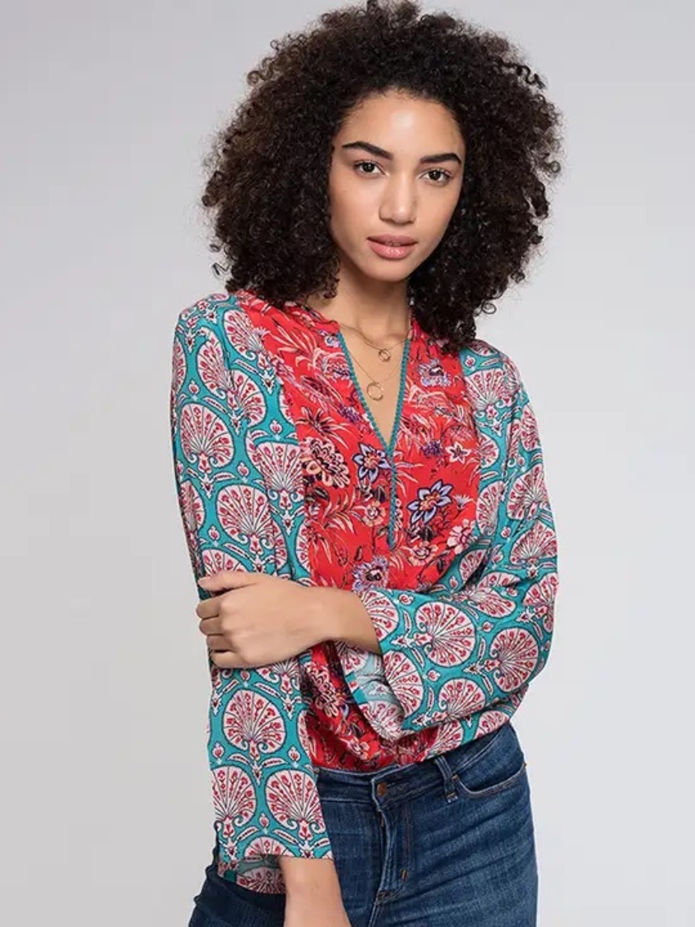 Soft Surroundings Bohemian Floral Print Peasant Long Sleeve Blouse L Large